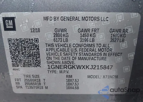 2019 Chevrolet Traverse 1Lt из США, поврежденный, VIN 1GNERGKWXKJ215847